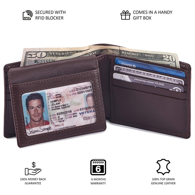Cochoa Bifold Wallet for Men's Real Genuine Slim Leather RFID Blocking 2 ID Windows Stylish Travel Gift Box (NAPA, CHOCOLATE) - Image 5